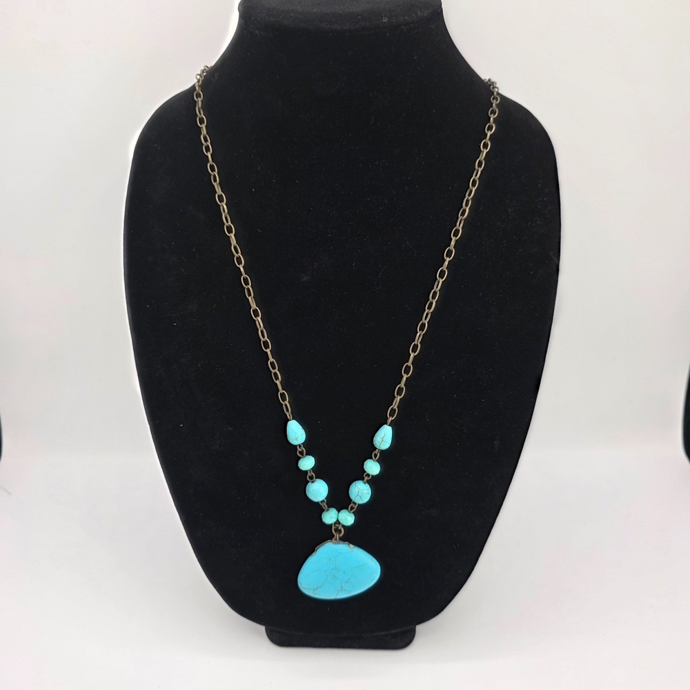 Plunder Womens Beaded Turquoise Chain Necklace Brass Adjustable Signed 33"